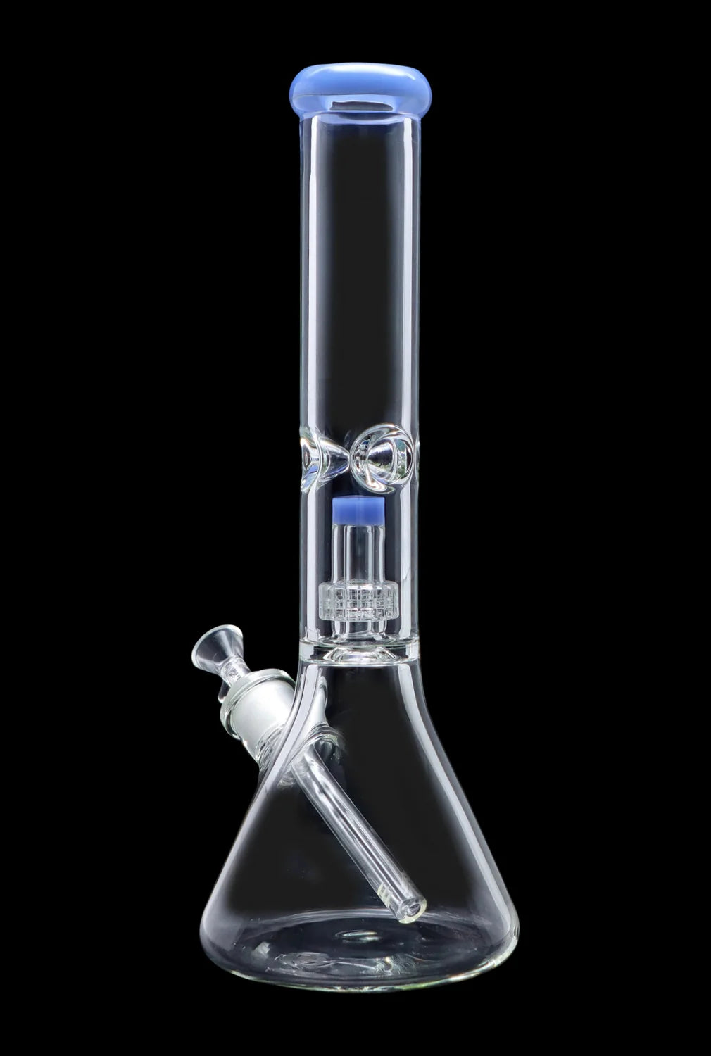Clear glass bong with blue accents and intricate percolator.