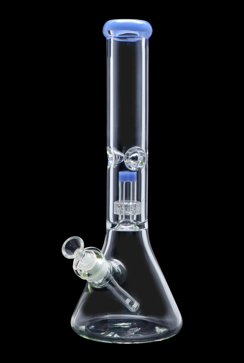 Clear glass bong with blue accents and intricate percolator.