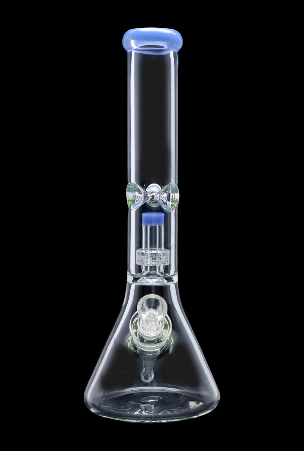 Clear glass bong with blue accents and intricate percolator filtration system.