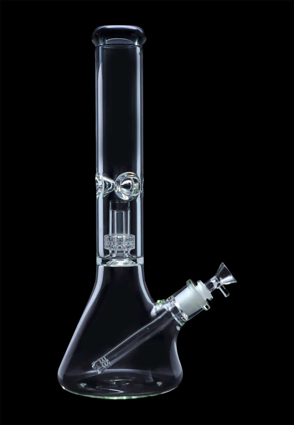 Clear glass water pipe (bong) with percolators against a black background.
