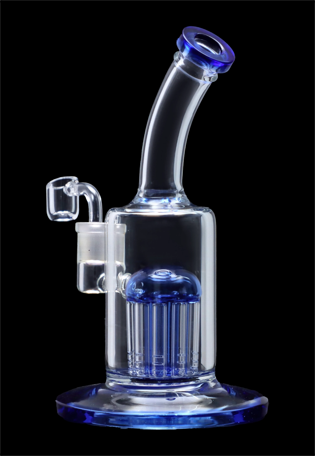 Blue glass water pipe (bubbler) with multiple diffusion stems.
