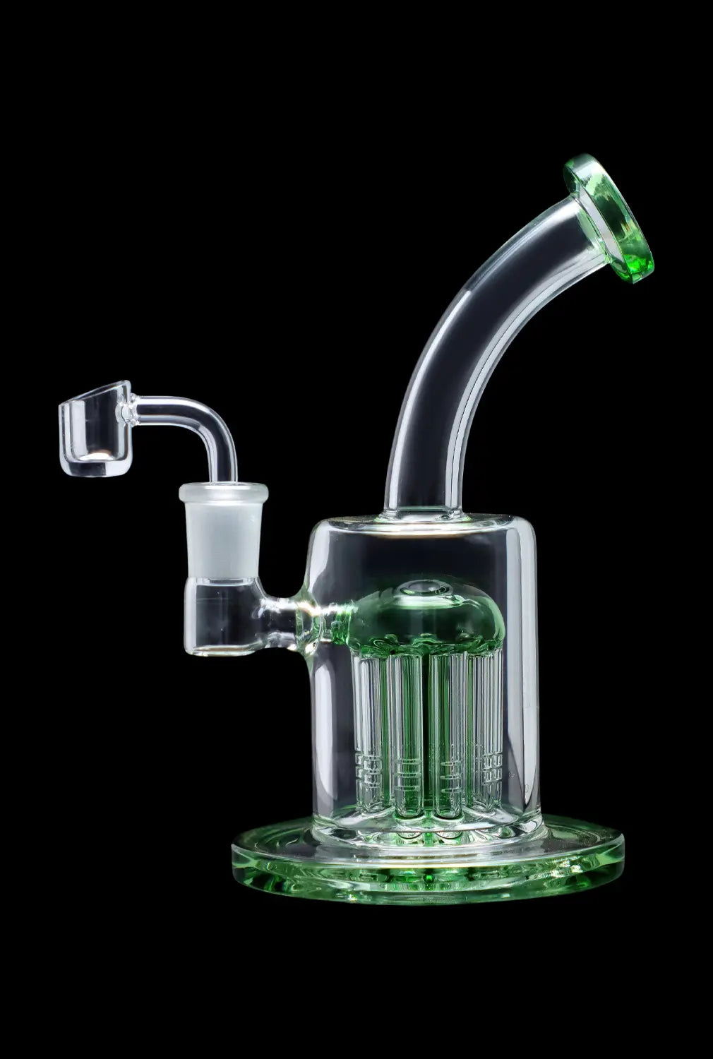 Green glass dab rig with multiple percolators and a quartz banger.