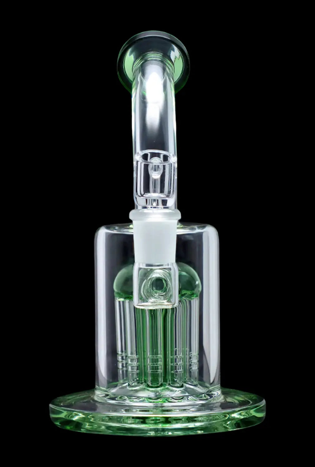 Green glass bubbler with multiple diffusion stems, isolated on a black background.