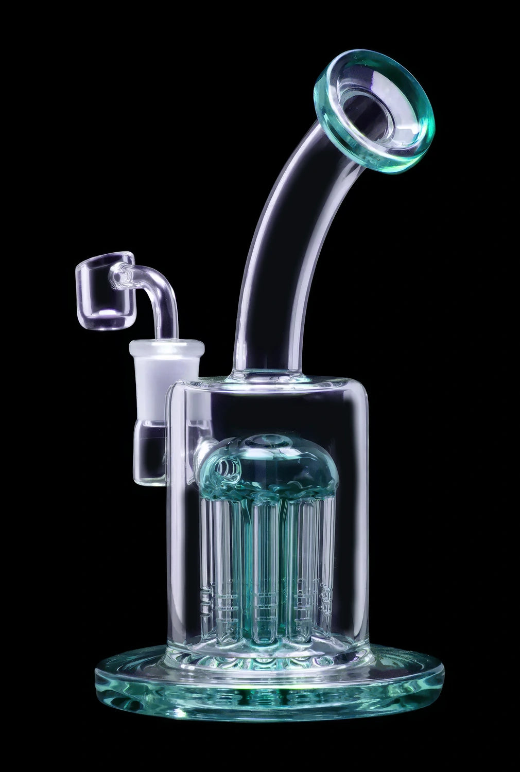 A turquoise glass water pipe (rig) with a perc diffuser and bent neck, isolated on a black background.