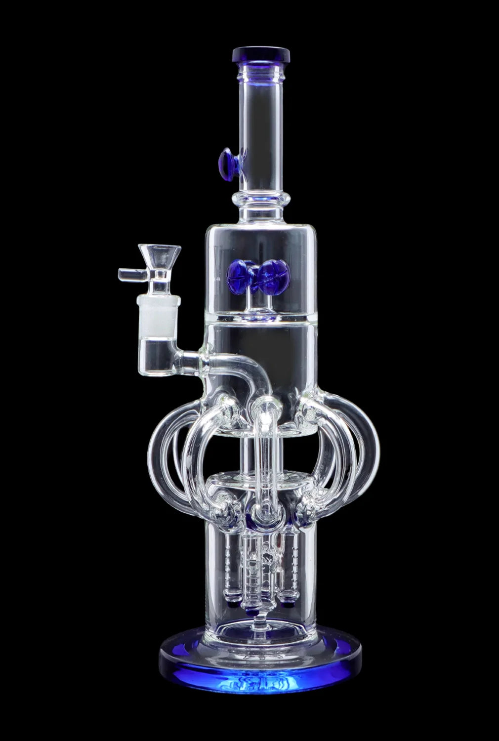 Clear glass water pipe (bong) with intricate looping design and blue accents, isolated on a black background.