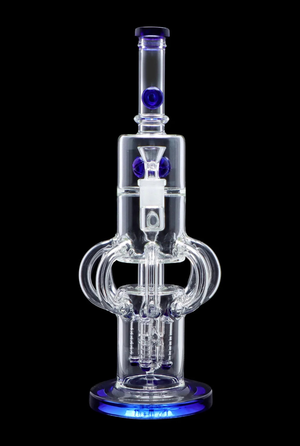Clear glass water pipe (rig) with intricate perc filtration system and blue accents, isolated on black.