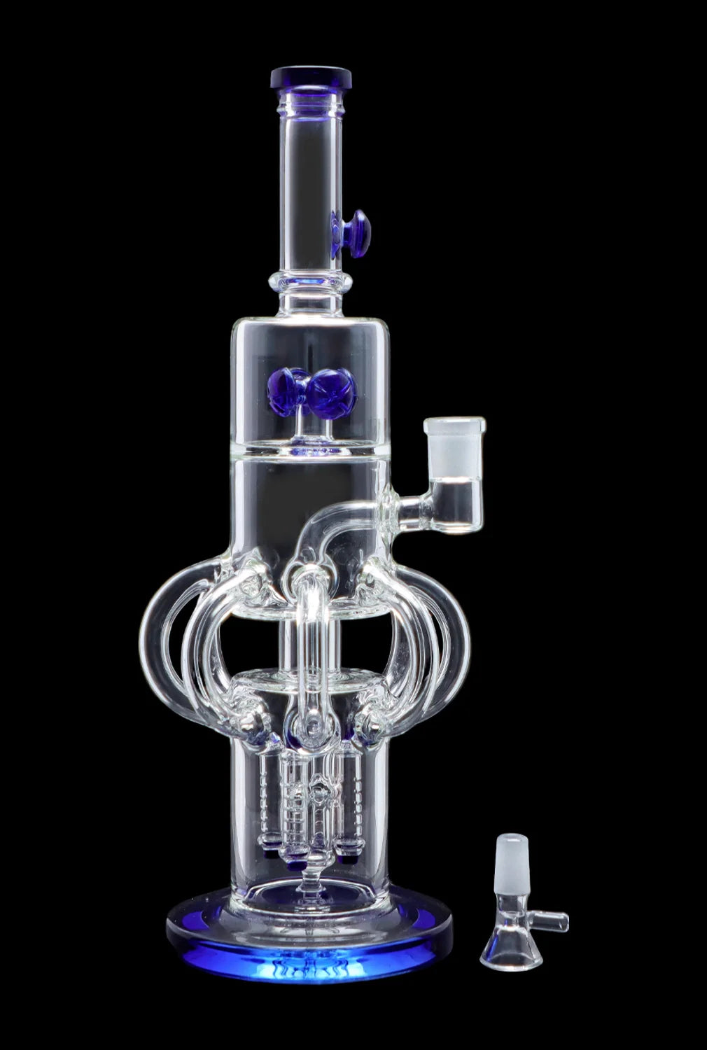 Clear glass water pipe (bong) with blue accents and complex percolators, displayed with a glass bowl.