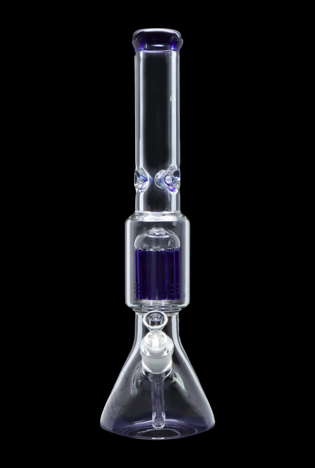 Clear glass bong with blue accents, isolated on a black background.