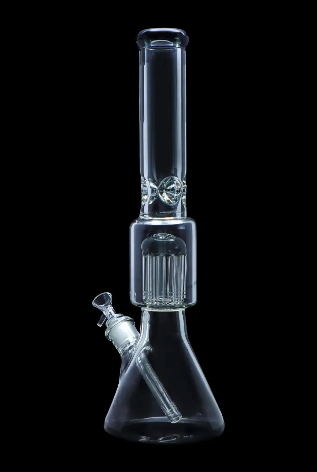 Clear glass water pipe (bong) with a diffusion perc, isolated on a black background.