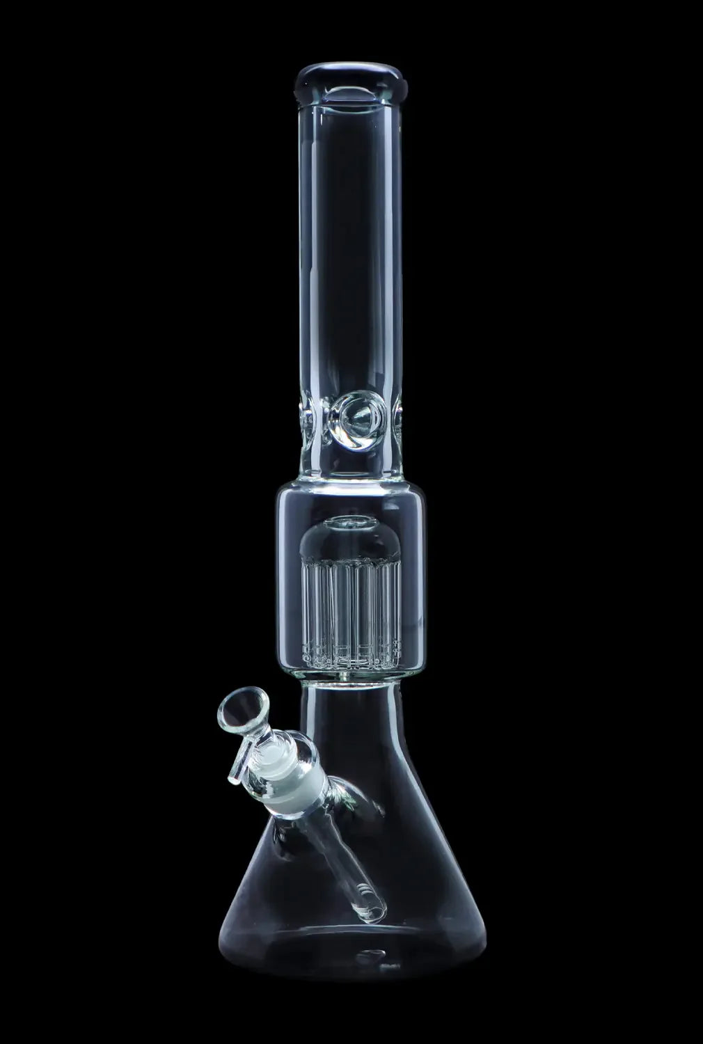 Clear glass bong with multiple percolators against a black background.