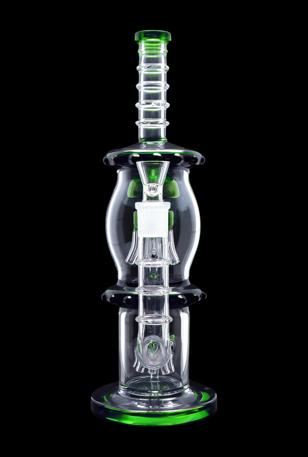 Green and clear glass water pipe (rig) with percolators, isolated on black.