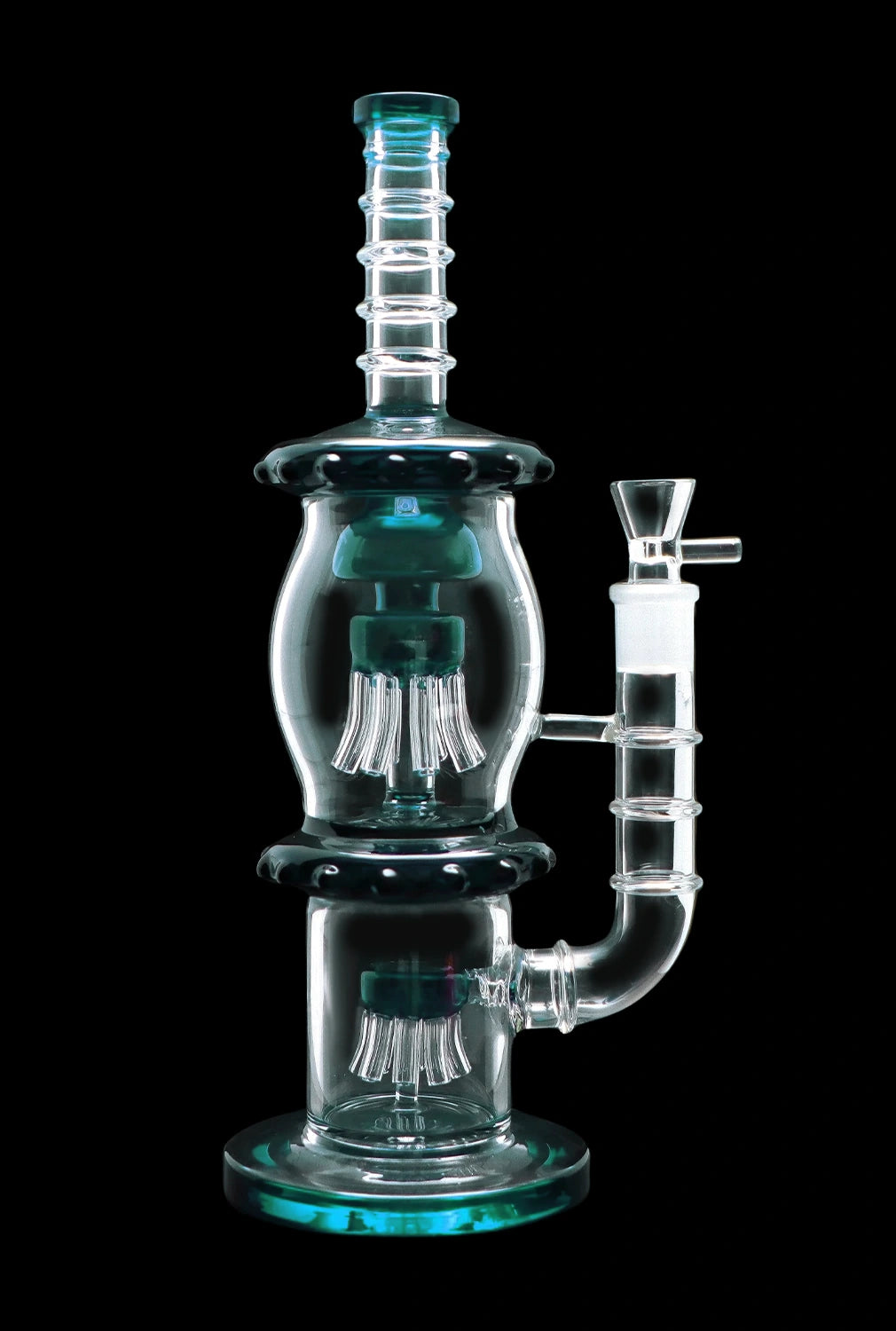 A studio shot of the 13.5-inch Smoke Cartel Straight Tube with Dual Octopus Perc, highlighting its clear glass construction and intricate perc design.