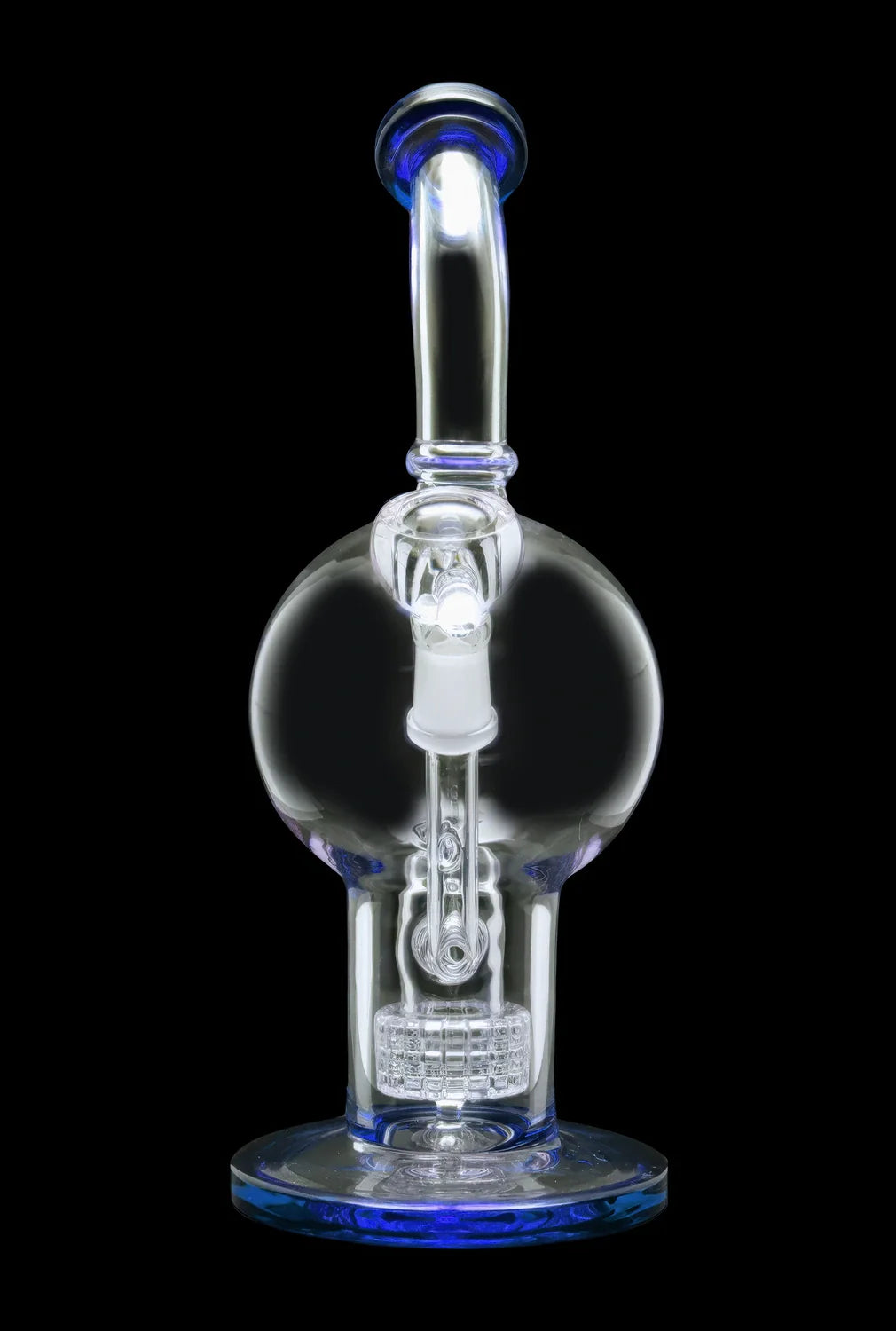 Clear glass water pipe (rig) with blue accents, isolated on a black background.