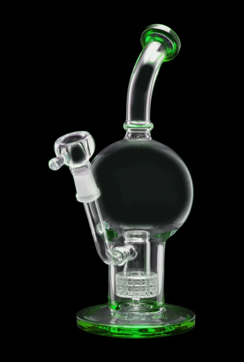 Green glass bubbler water pipe with intricate percolator.