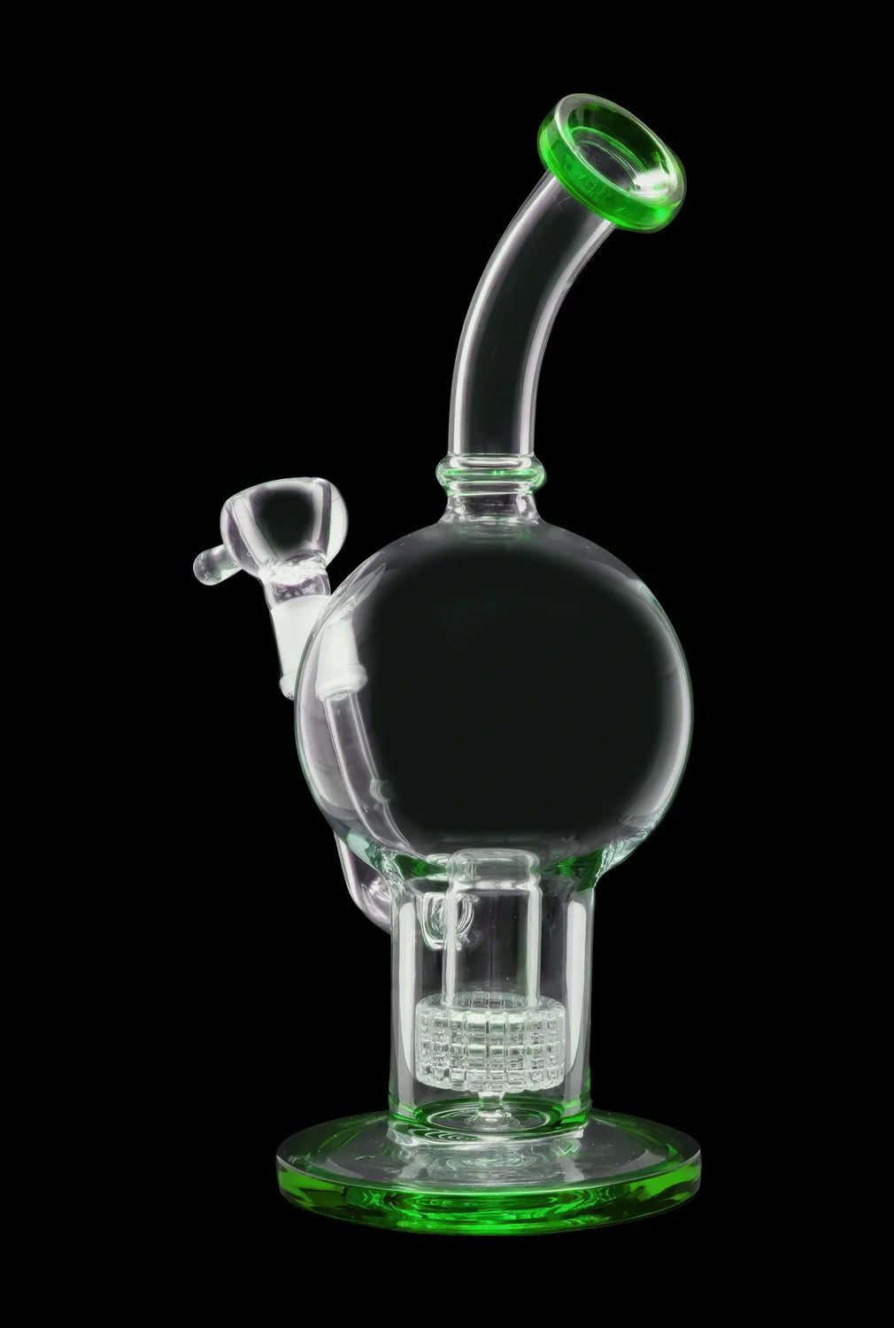 Green glass water pipe (bong) with percolator, isolated on black.
