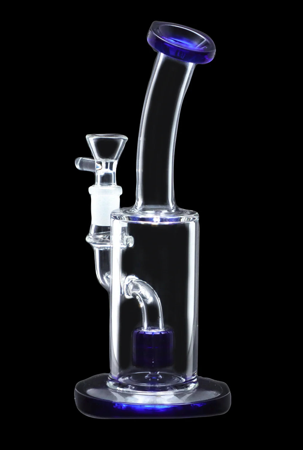 Glass bong with blue accents and illuminated base, isolated on black.