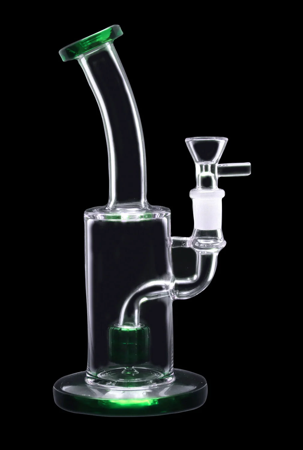 Clear glass water pipe (bong) with green accents, studio shot on black background.