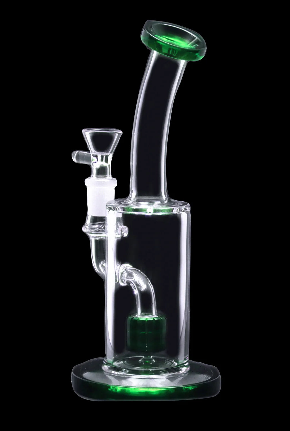 Clear glass water pipe (bong) with green accents, isolated on a black background.