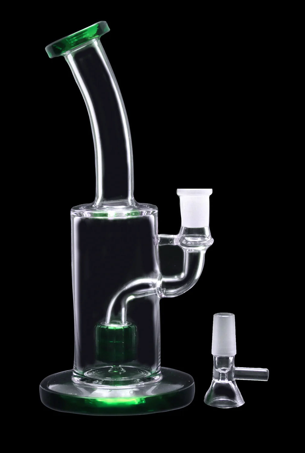 Clear glass bubbler with green accents and detached bowl piece.