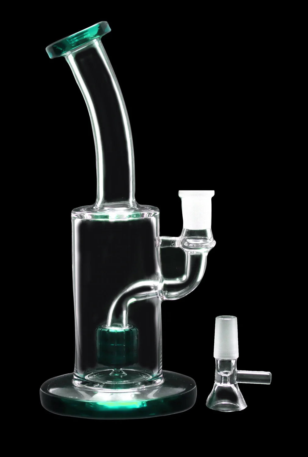 Clear glass bong with green accents and a separate downstem.