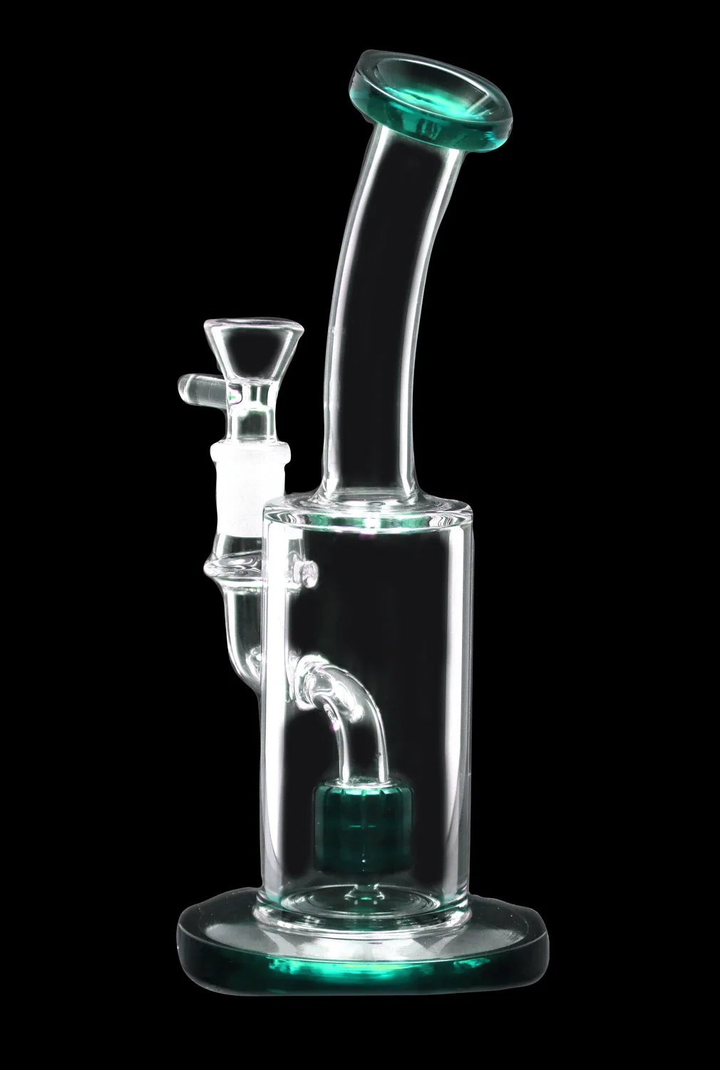 Glass bong with green accents, isolated on a black background.