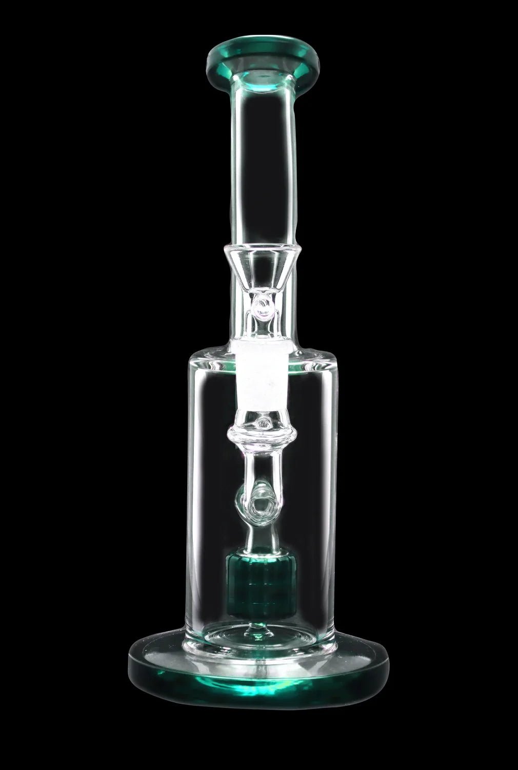 Clear glass water pipe (bong) with green accents, studio shot on black background.