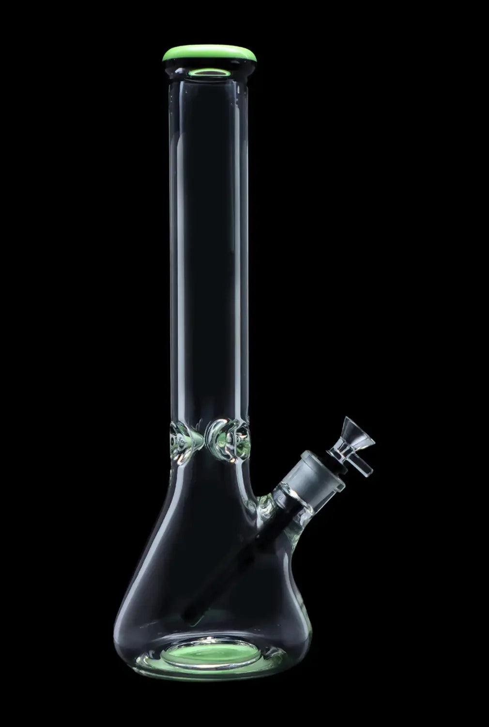 Green-accented glass bong against a black background.