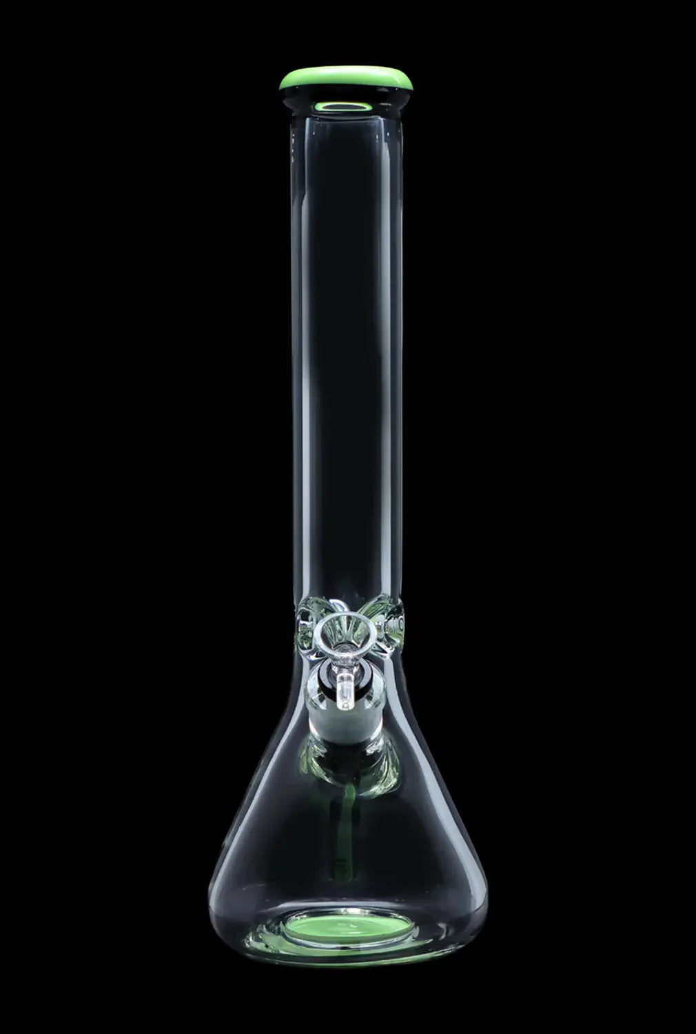 Clear glass water pipe (bong) with green accents, studio shot on black.