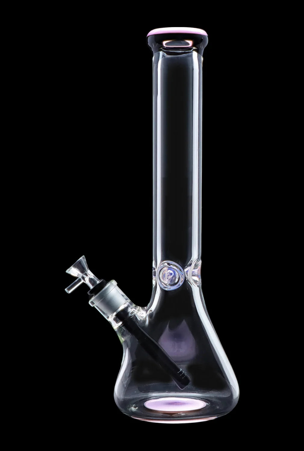Clear glass bong with purple accents against a black background.
