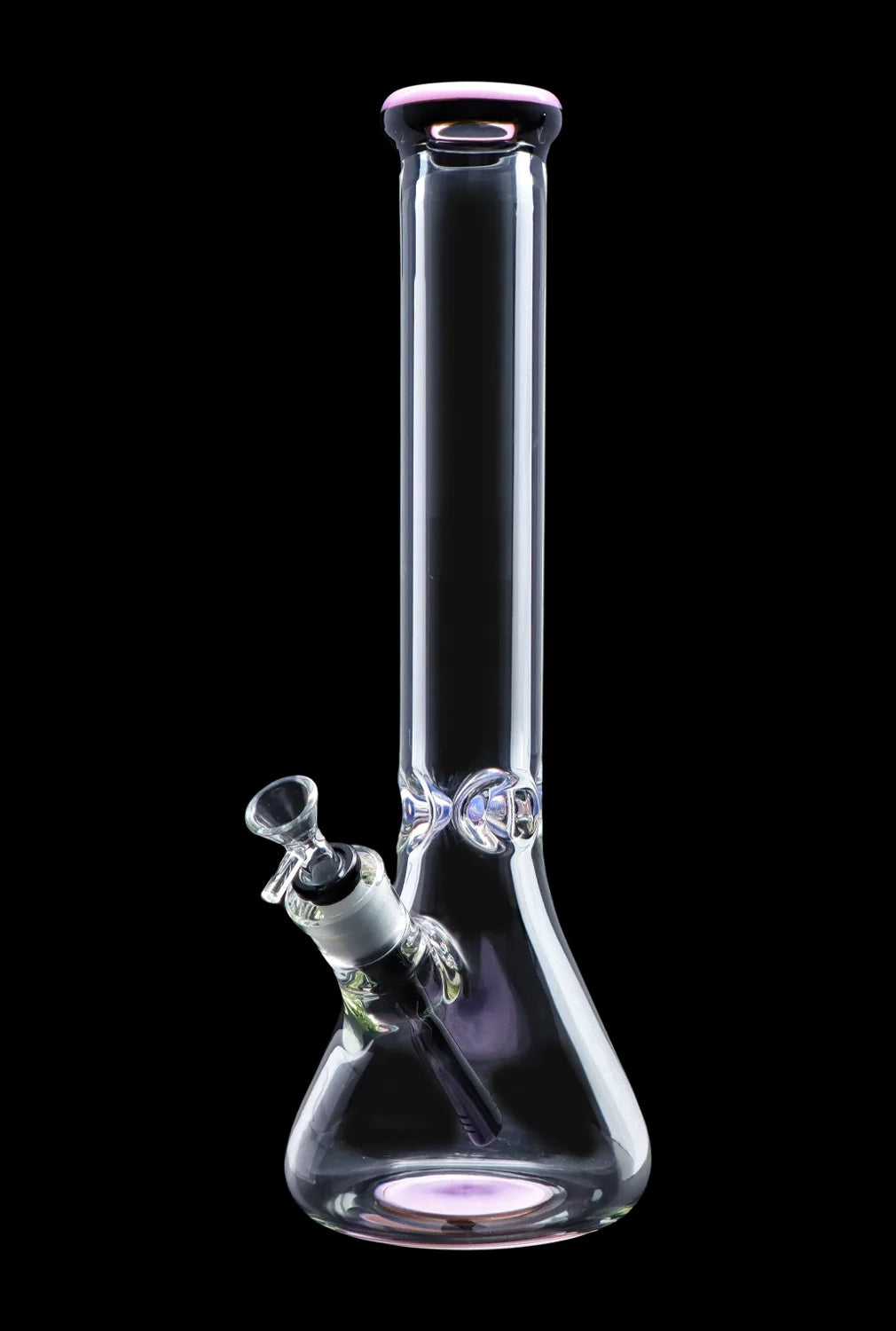 Clear glass bong with iridescent accents against a black background.
