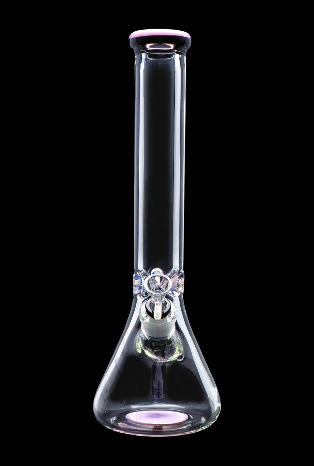 Clear glass bong with iridescent accents against a black background.