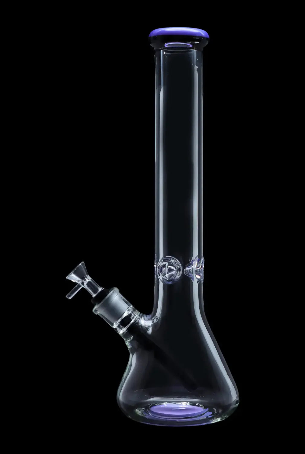 Clear glass water pipe (bong) with purple accents, studio shot on black background.