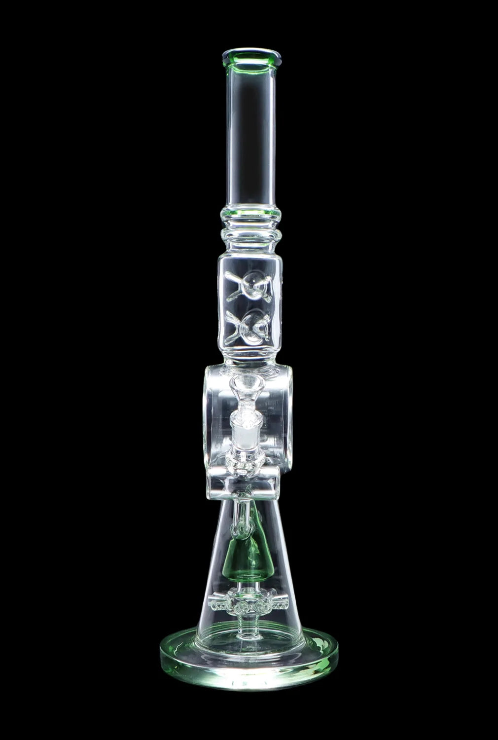 Green glass water pipe (bong) with intricate bubble and chamber design.