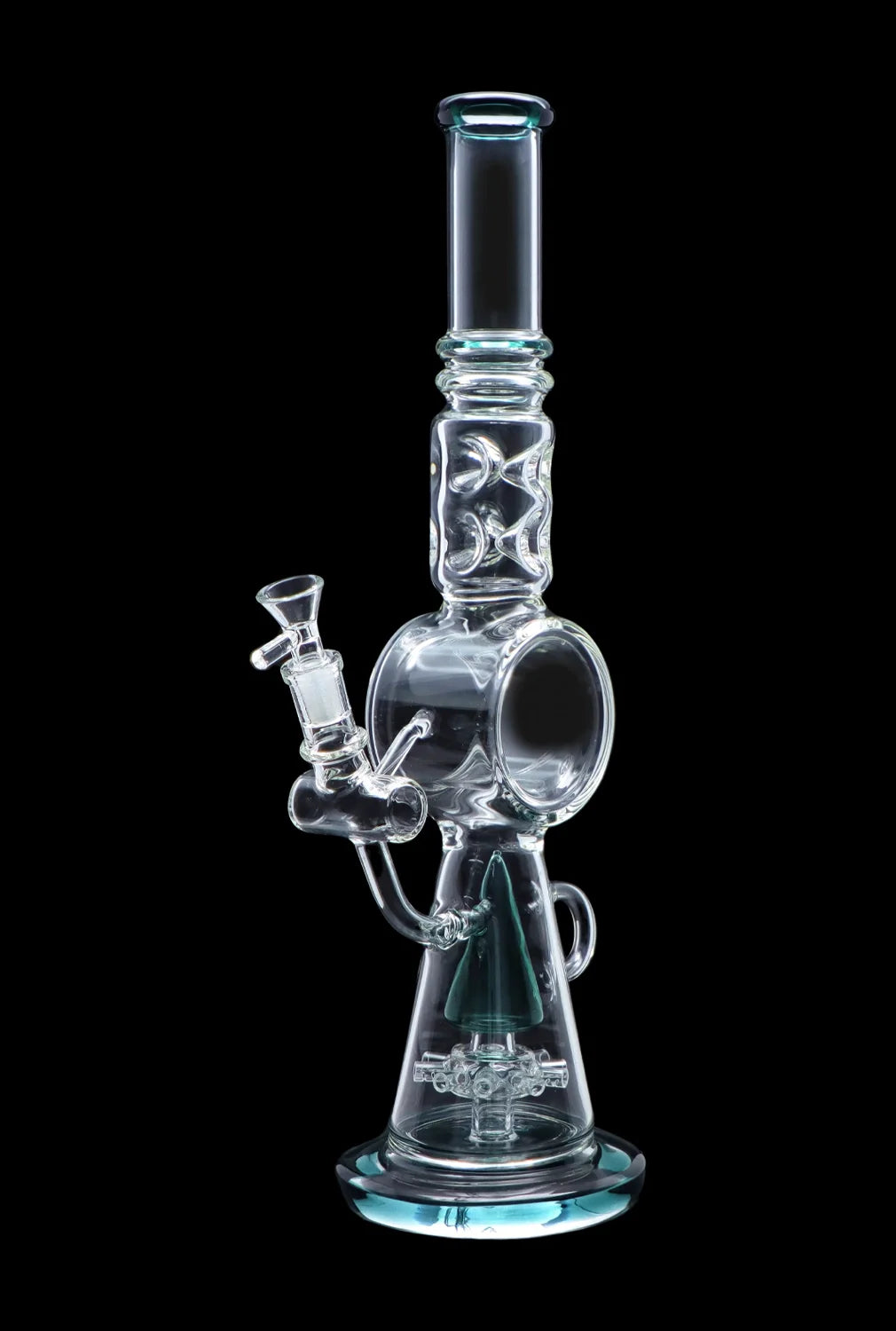 Clear glass water pipe (bong) with intricate bubble and chamber design, isolated on black.