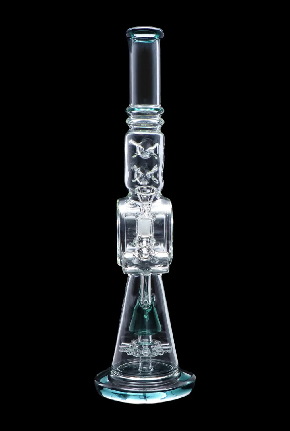 A clear glass water pipe (bong) with intricate percolators and a blue accent, isolated on a black background.
