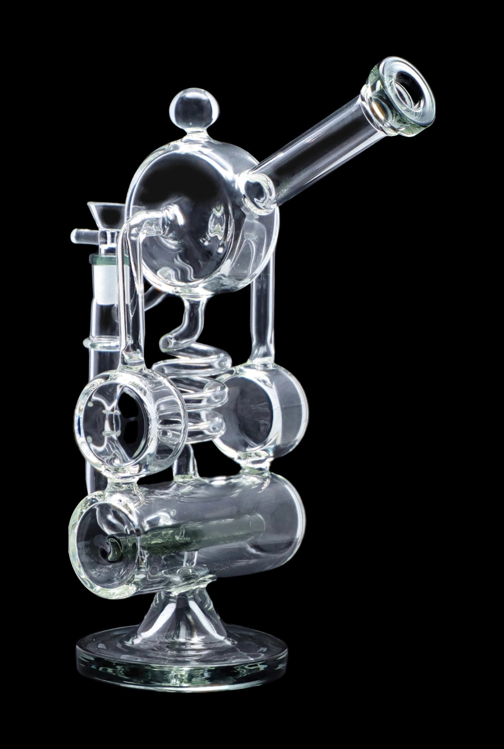 Clear glass water pipe (rig) with intricate bubbler design on a black background.