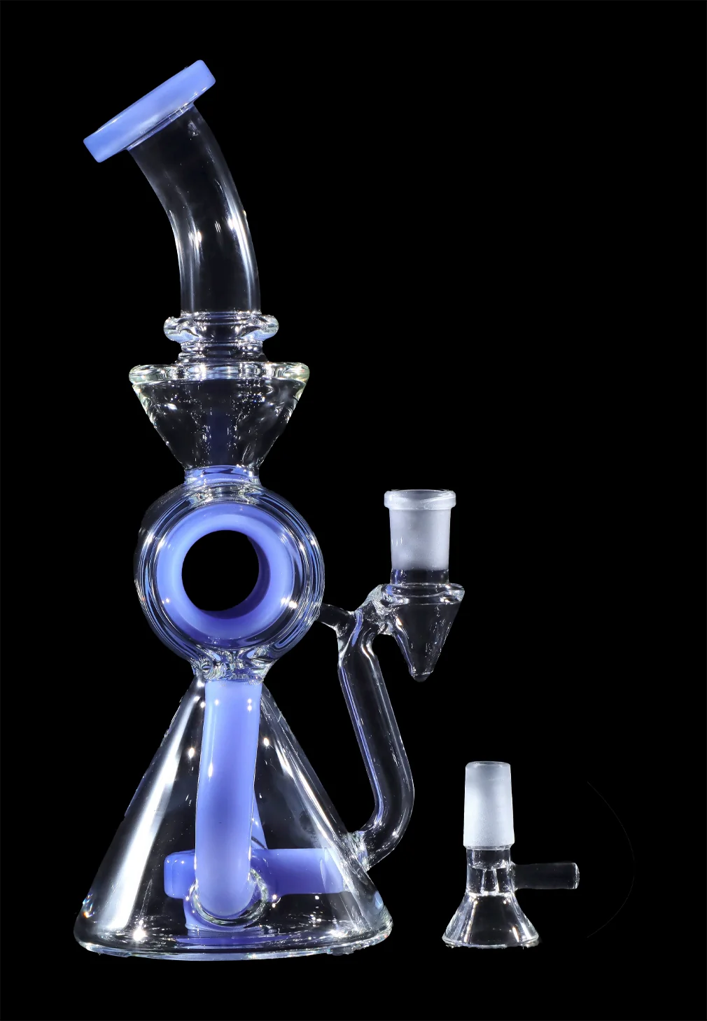 Blue glass water pipe (rig) with accompanying glass bowl, isolated on a black background.