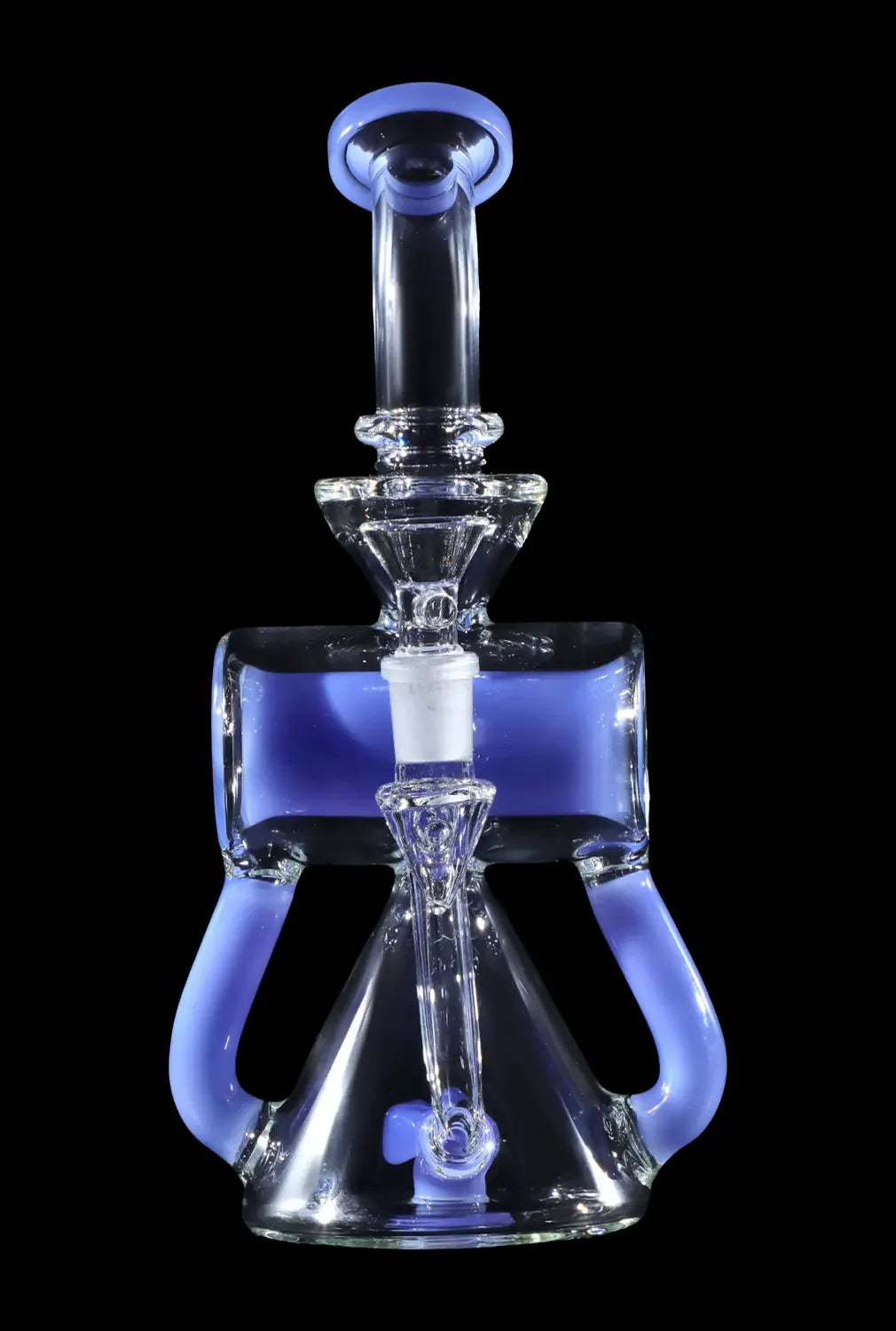 Blue and clear glass water pipe (bong) with intricate design.