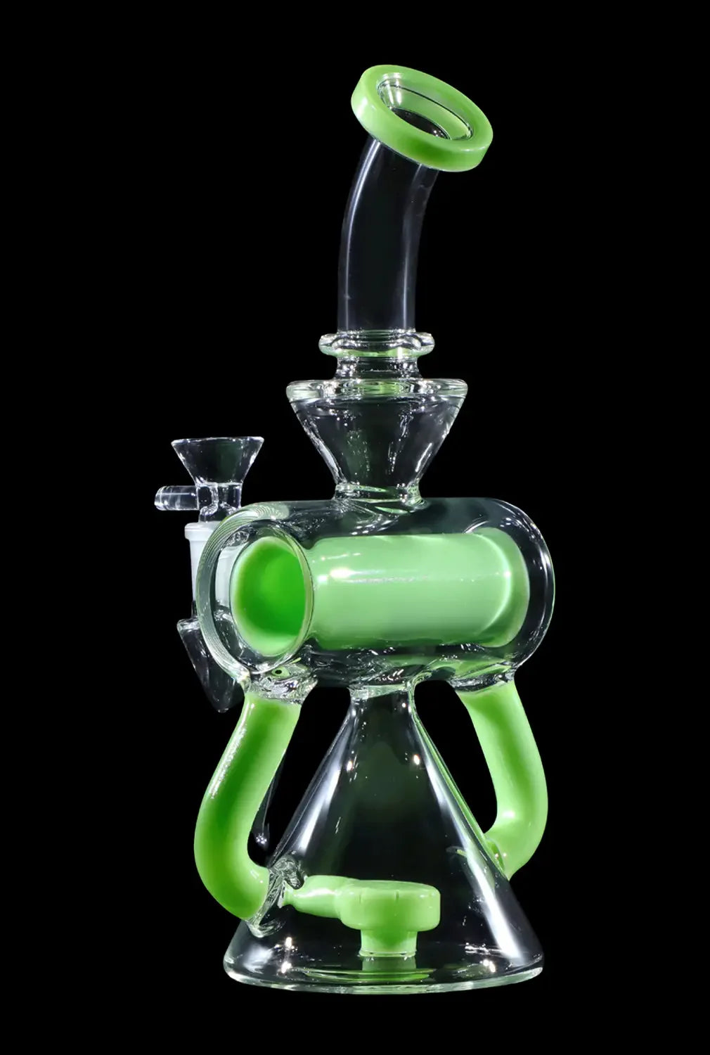 Green glass water pipe (rig) with intricate bubbler design against a black background.