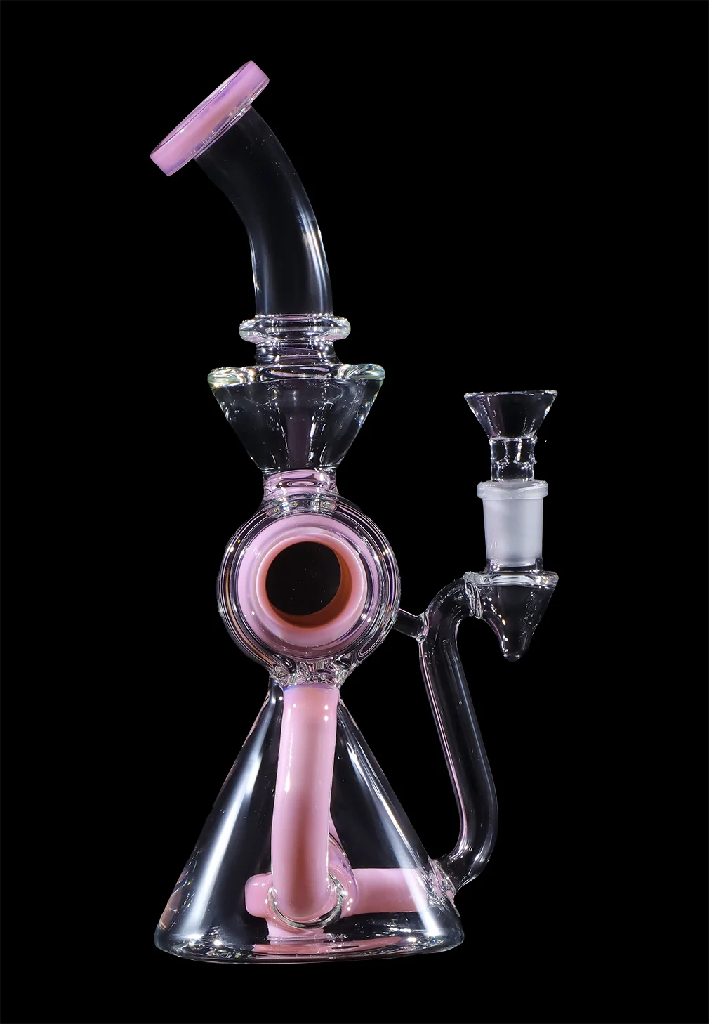 Pink glass water pipe (rig) with intricate design against a black background.