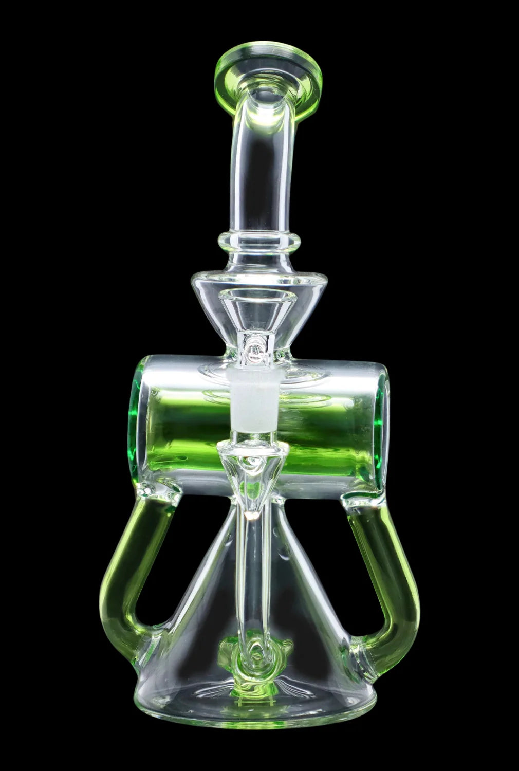Green glass water pipe (rig) with intricate curves and bubbling percolators, isolated on a black background.