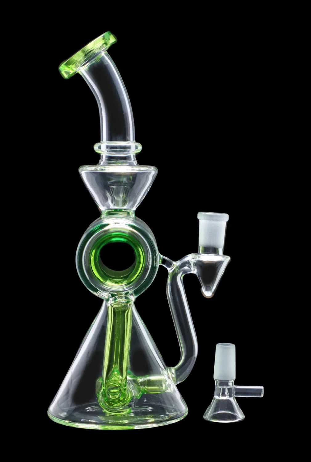 Green glass water pipe (rig) and accompanying bowl piece against a black background.