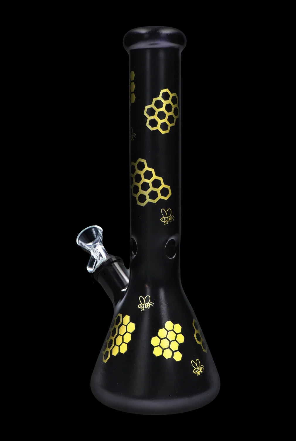 Black glass bong with gold honeycomb and bee designs.