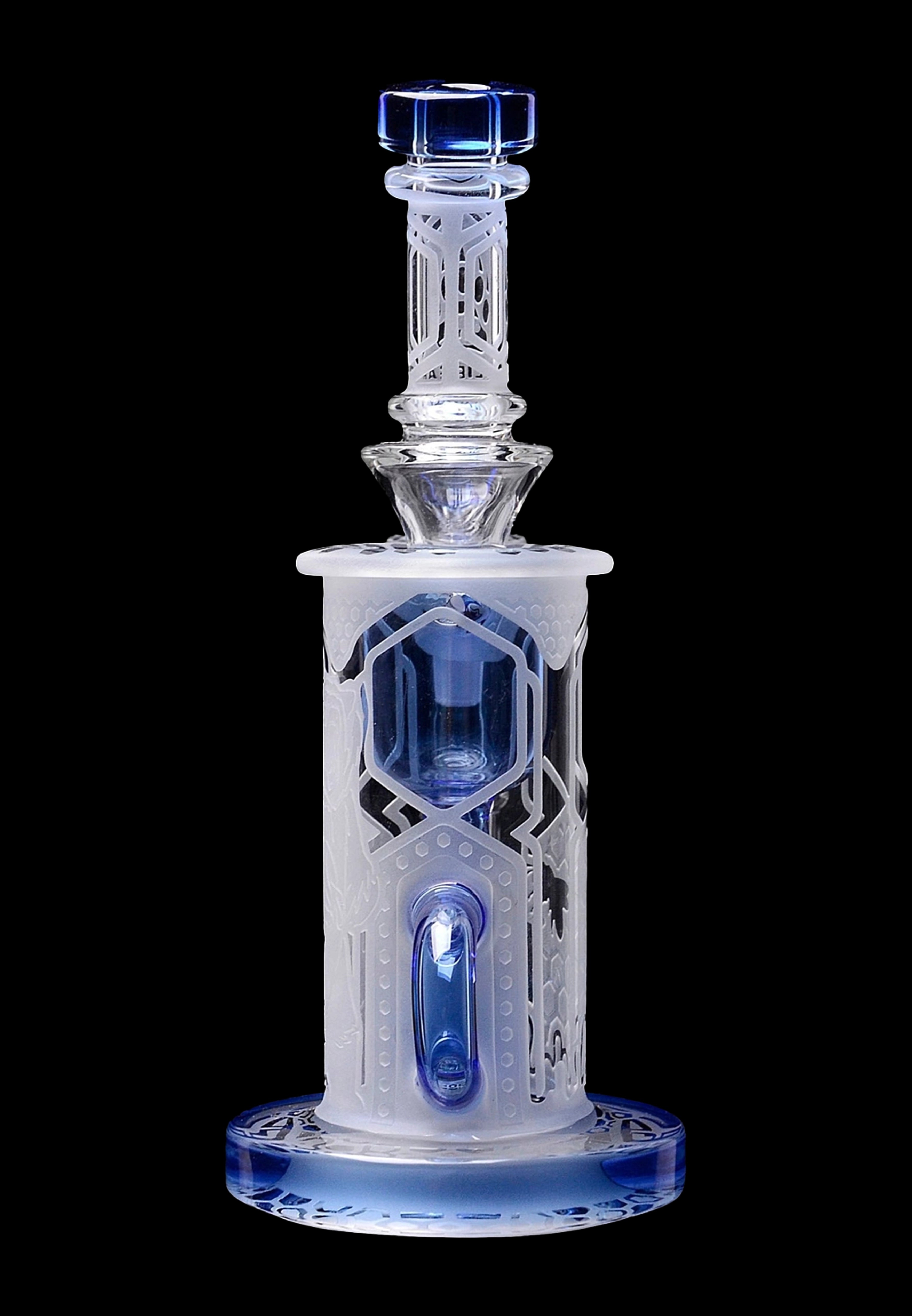 Intricate glass dab rig with blue accents, featuring a geometric, lattice-like design.