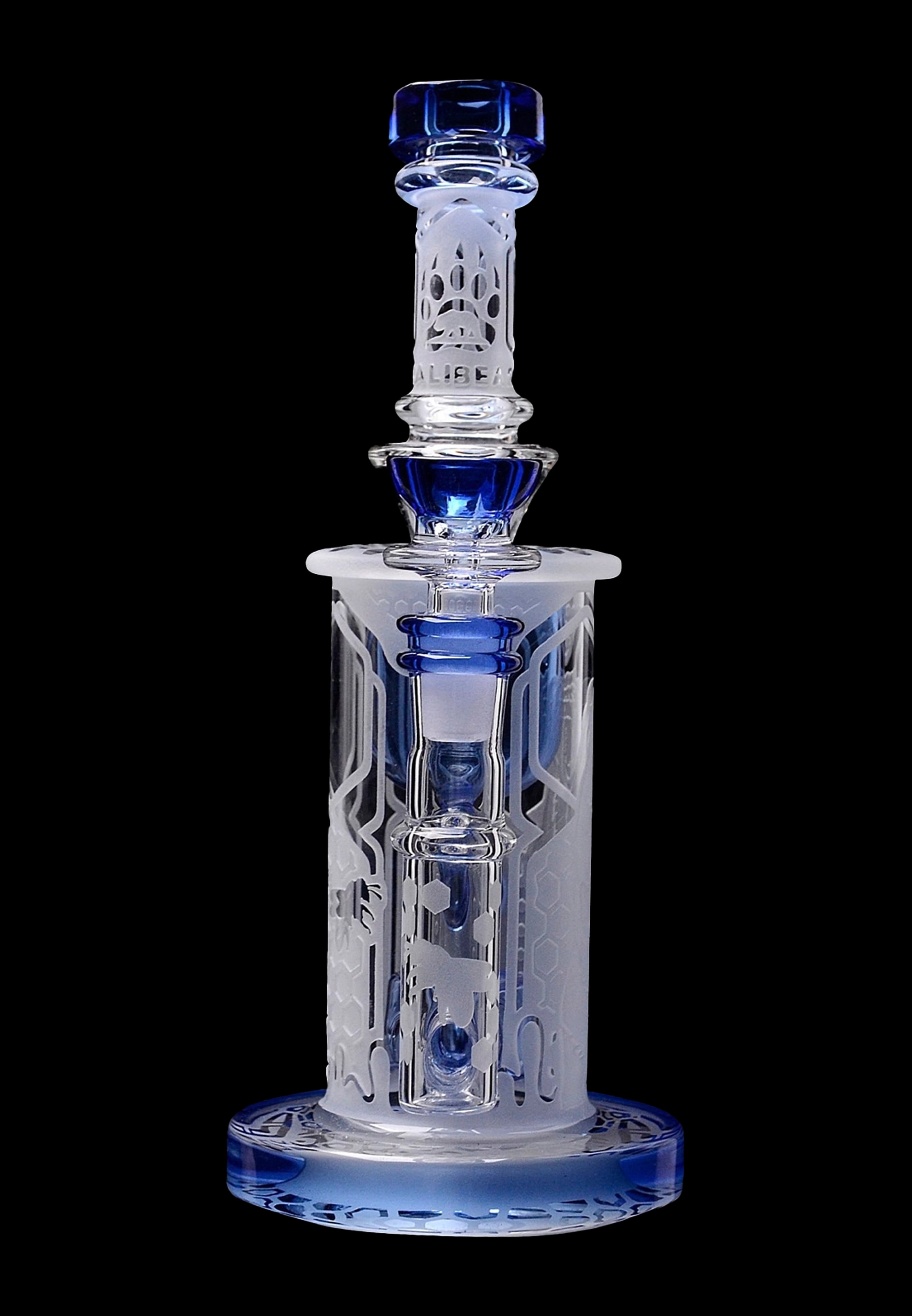 Blue and clear glass water pipe (rig) with intricate patterns, isolated on a black background.