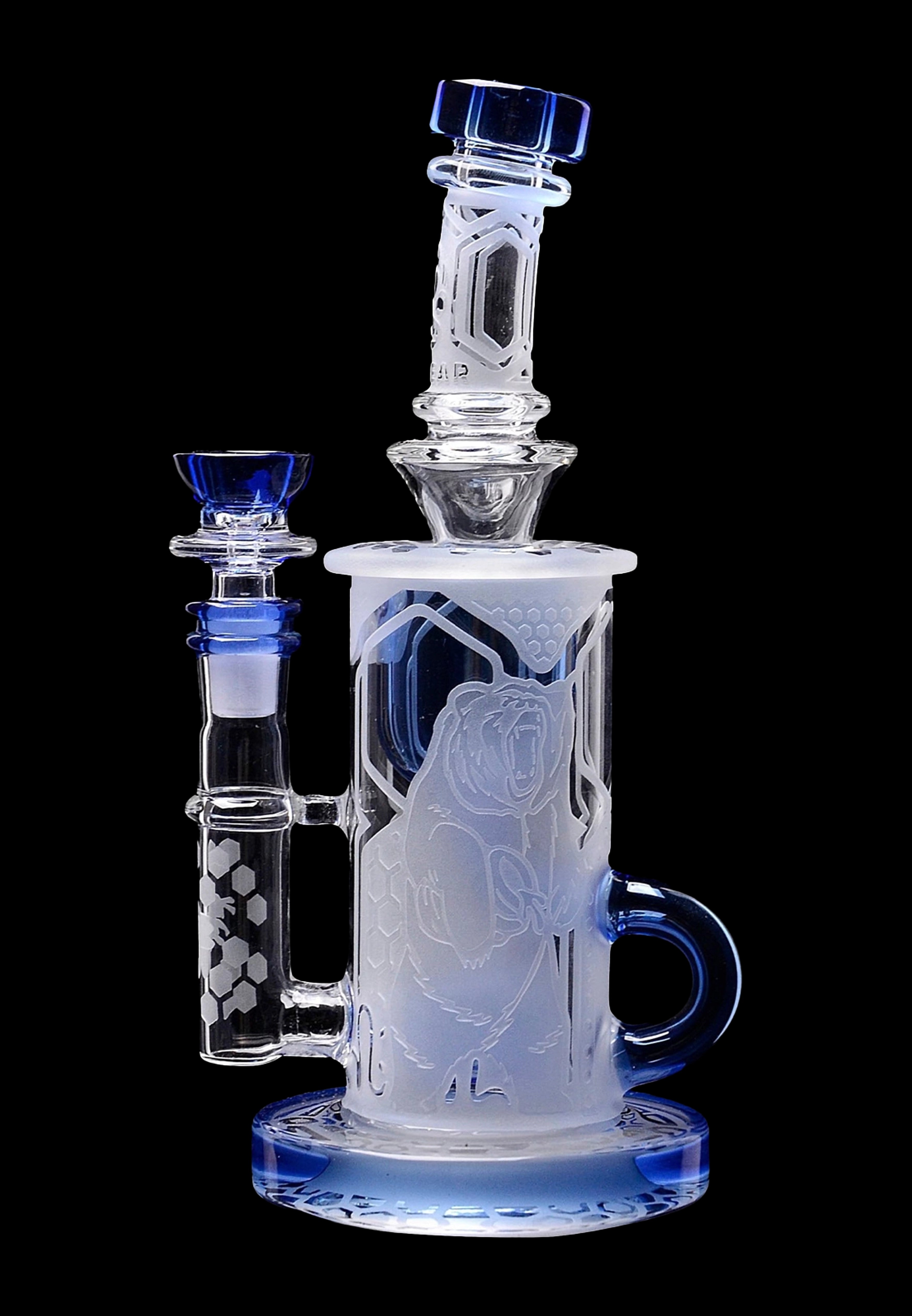 Frosted glass water pipe with blue accents and intricate character etchings.