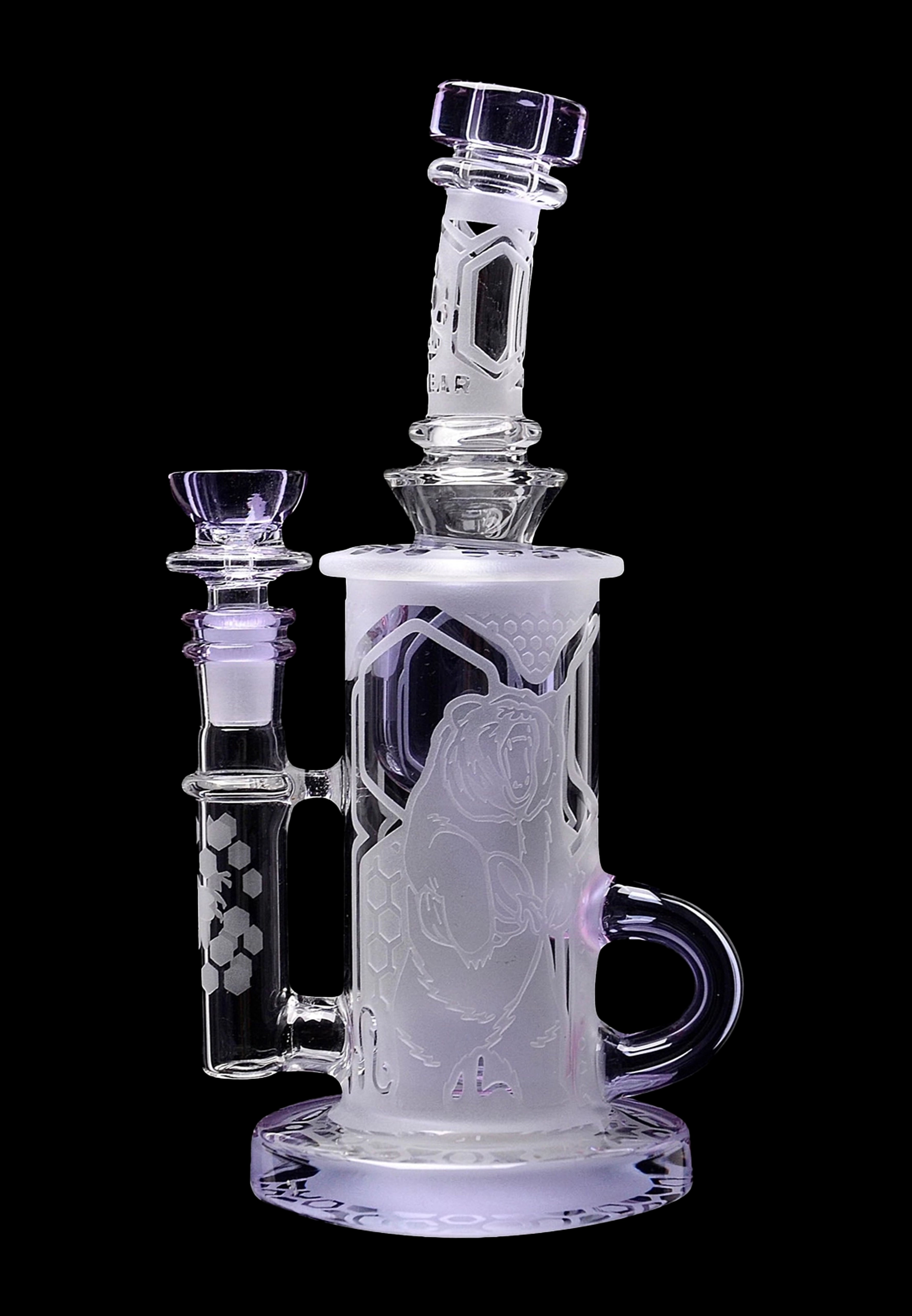 Frosted glass water pipe with intricate etched designs, featuring a separate glass bowl.