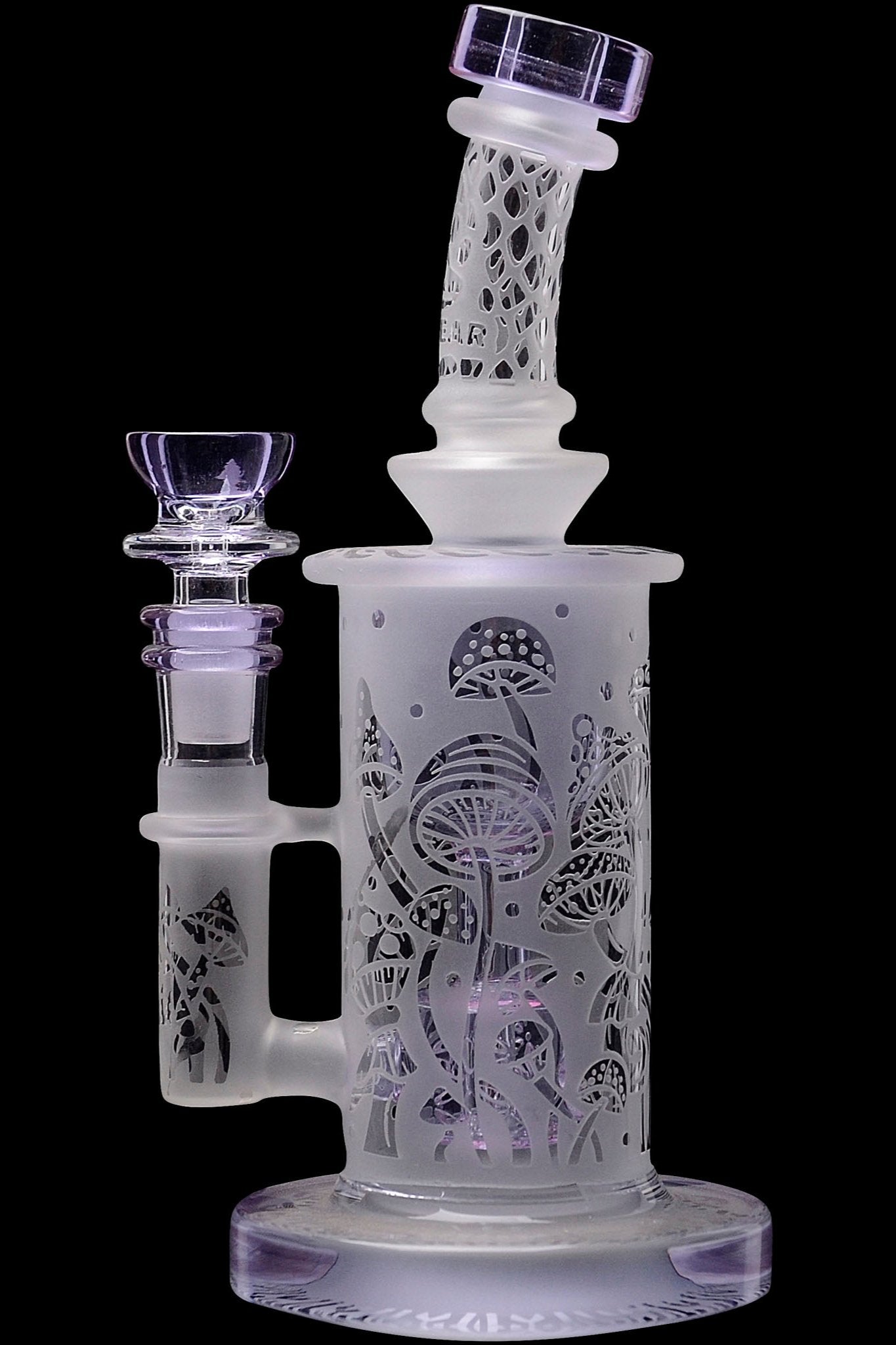 Frosted glass water pipe with intricate mushroom designs, featuring a purple mouthpiece and bowl.