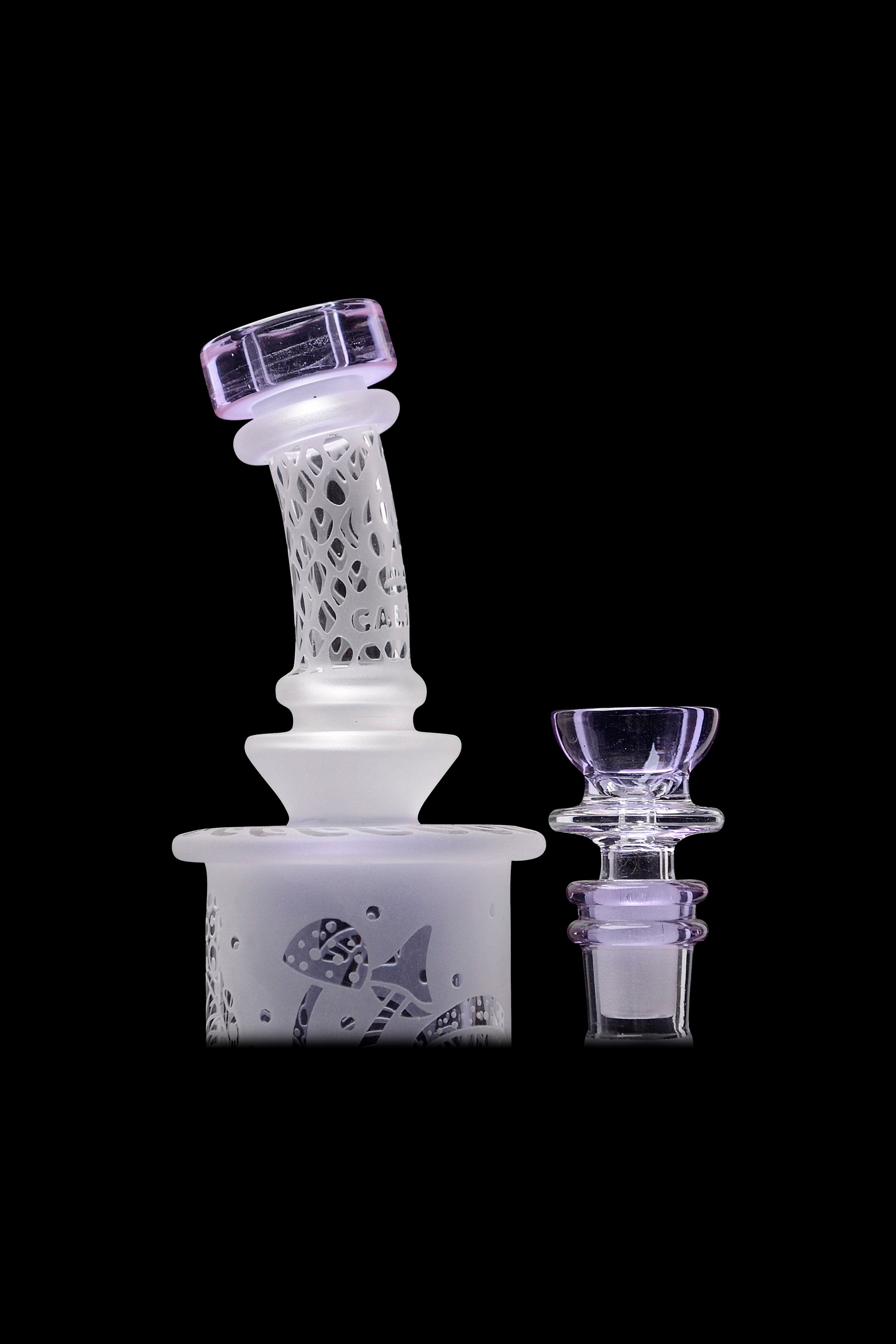 Frosted glass water pipe with mushroom design and matching bowl.