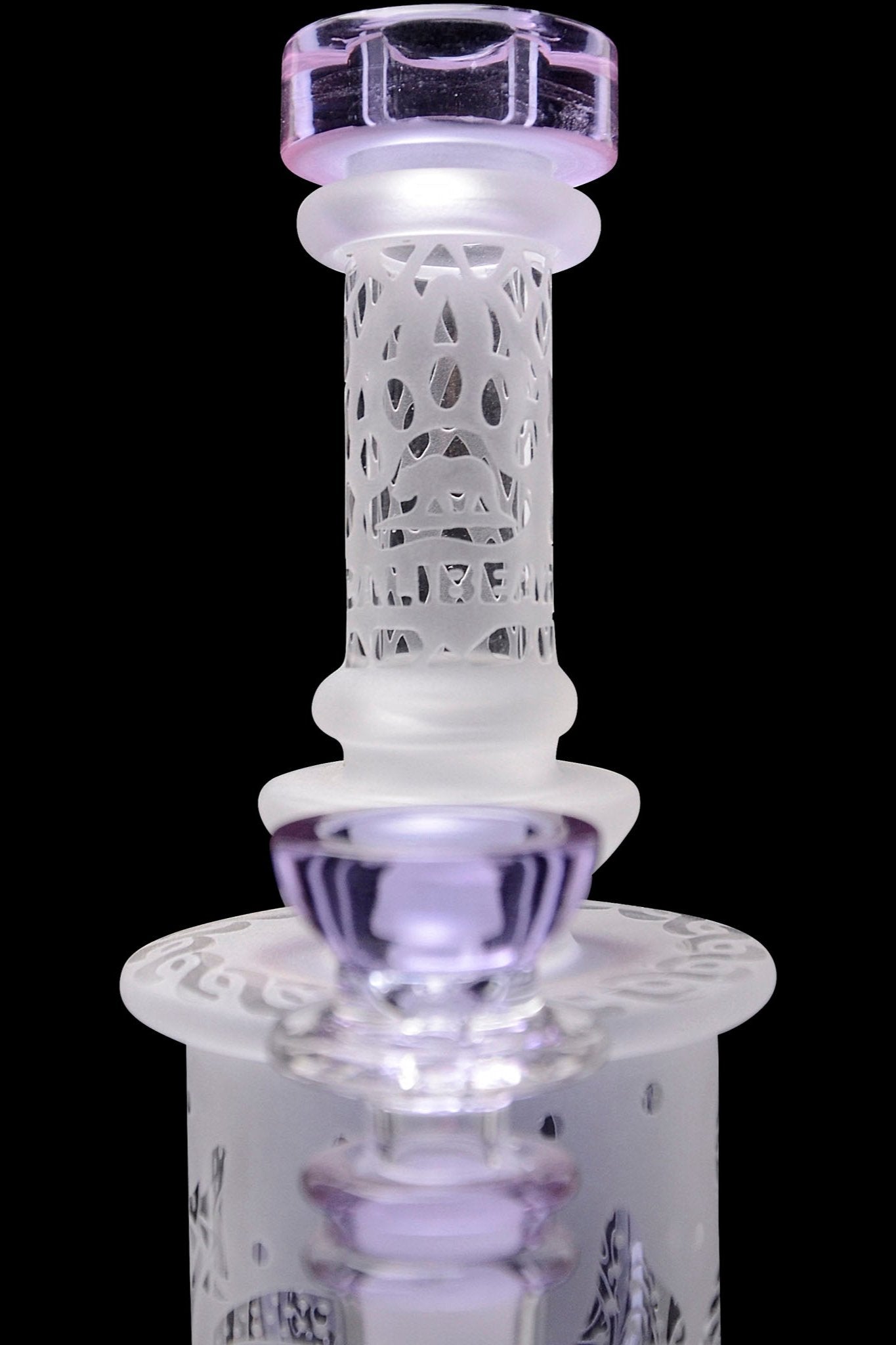 Frosted glass cannabis water pipe with purple accents.